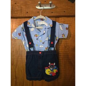 Vintage Sears Kids 2T Sky Hero Airplane Shirt and Denim Overall Shorts Set
